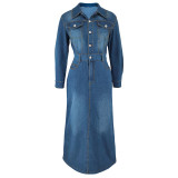 Long Sleeve Lapel Split Denim Maxi Dress GDAM-218616