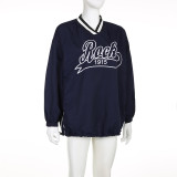 Letter Print V Neck Loose Drawstring Sweatshirt GLRF-LR07234