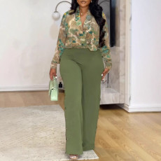 Plus Size Print V Neck Shirts Wide Leg Pants 2 Piece Suit NY-S10903