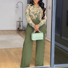 Plus Size Print V Neck Shirts Wide Leg Pants 2 Piece Suit NY-S10903