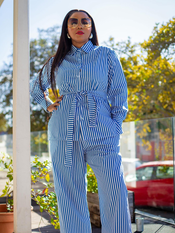 Print Stripe Long Sleeve Tie Up Two Piece Pants Set MIL-T091 