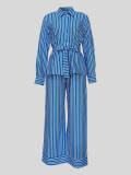 Print Stripe Long Sleeve Tie Up Two Piece Pants Set MIL-T091 