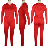 Solid Hooded Zipper Sport Two Piece Pants Set TE-4707