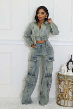 Denim Washed Long Sleeve Zipper Two Piece Set NYF-8182