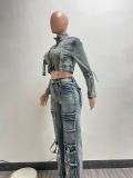 Denim Washed Long Sleeve Zipper Two Piece Set NYF-8182