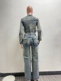 Denim Washed Long Sleeve Zipper Two Piece Set NYF-8182