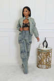 Denim Washed Long Sleeve Zipper Two Piece Set NYF-8182