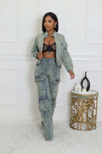 Denim Washed Long Sleeve Zipper Two Piece Set NYF-8182