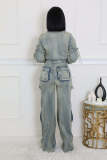 Denim Washed Long Sleeve Zipper Two Piece Set NYF-8182