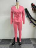 Solid Color V Neck Long Sleeve Two Piece Set NY-S10913