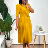 Solid Color V Neck Press Pleated Midi Dress(With Belt) GMLF-D3296