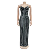 Solid Color Sling Hot Drill Maxi Dress GOSD-OS7031