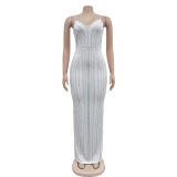Solid Color Sling Hot Drill Maxi Dress GOSD-OS7031