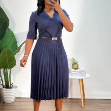 Solid Color V Neck Press Pleated Midi Dress(With Belt) GMLF-D3296