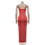 Solid Color Sling Hot Drill Maxi Dress GOSD-OS7031