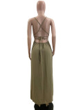 Solid Color Blackless Tie Up Maxi Dress QOUY-M6035