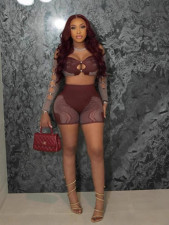 One Shoulder Long Sleeve Top Hollow Out Shorts Set YUEM-220253