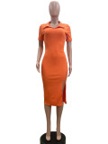 Solid Color Lapel Neck Split Midi Dress QOUY-6031