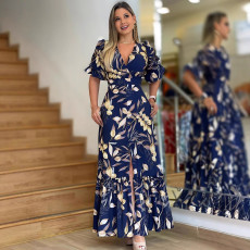 Fashion Print V Neck Ruffles Split Maxi Dress GYLY-10532