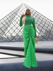 Mesh Long Sleeve Tops And Long Skirts Two Piece Set QODY-6050
