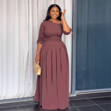 Slash Shoulder Pleated Long Sleeve Maxi Dress NY-3302