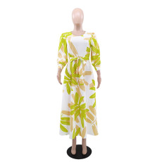 Print Long Sleeve Belt Maxi Dress GYLY-10553