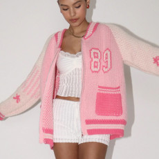 Letter Print Baseball Zipper Sweater Loose Top MDF-5553