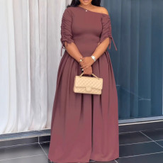 Slash Shoulder Pleated Long Sleeve Maxi Dress NY-3302