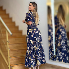 Fashion Print V Neck Ruffles Split Maxi Dress GYLY-10532