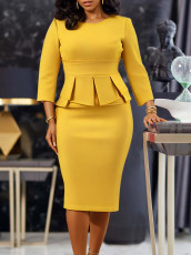 O Neck Ruffles Solid Color Midi Dress GMLF-3300