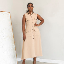 Lapel  Sleeveless Single-breasted Maxi Dress GCNE-7604