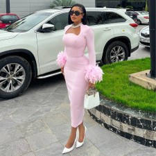 Long Sleeve Feather Splicing Midi Dress GCNE-7652
