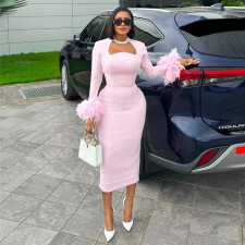 Long Sleeve Feather Splicing Midi Dress GCNE-7652