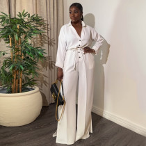 Solid Color Long Sleeve Buttoned Wide Leg Jumpsuit GCNE-7469