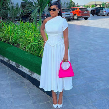 Slash Neck Short Sleeve Solid Midi Dress GCNE-7064