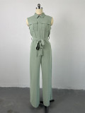 Lapel Loose Sleeveless Solid Color Jumpsuit GCNE-7041