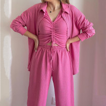Long Sleeve Solid Color Loose Three Piece Pants Set GCNE-6100