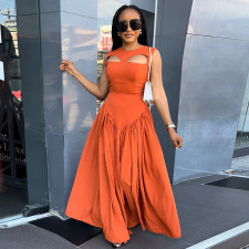 Solid Color Hollow Out Sleeveless Midi Dress GCNE-7217