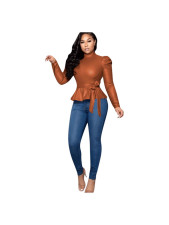 PU Leather Tie Up Long Sleeve Pullover OLYF-6158