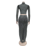 Hot Drill Long Sleeve Two Piece Skirt Set BY-7093