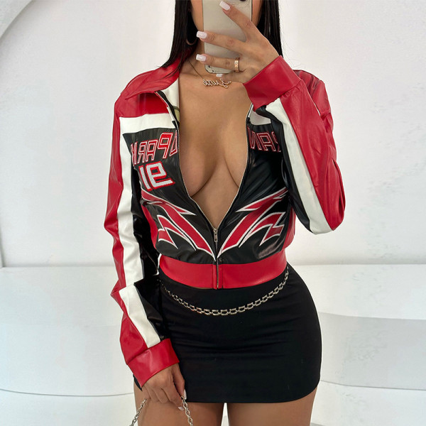 Embroidered Print Lapel Short Zipper Jacket XEF-54798