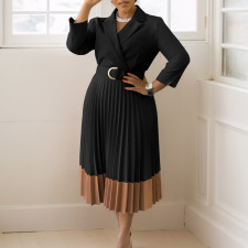 Plus Size Blazer Collar Press Pleated Midi Dress GATE-538
