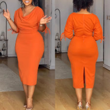 Solid Color Half Sleeve Split Midi Dress NY-10922