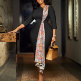 Fashion Print Patchwork 3/4 Sleeve Midi Dress GATE-539