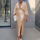 Plus Size V Neck Sequin Long Dress GATE-540