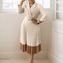Plus Size Blazer Collar Press Pleated Midi Dress GATE-538