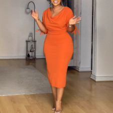 Solid Color Half Sleeve Split Midi Dress NY-10922