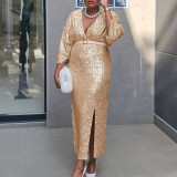 Plus Size V Neck Sequin Long Dress GATE-540