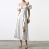Bubble Sleeve Solid Color Tie Split Midi Dress GRST-8141