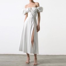Bubble Sleeve Solid Color Tie Split Midi Dress GRST-8141